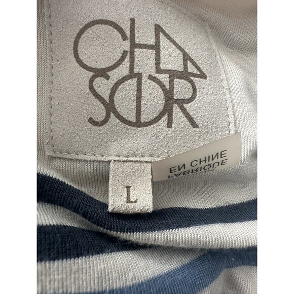 CHASER Striped Keyhole Bell Sleeve Cream Blue Shirt Top Size L - Picture 2 of 6